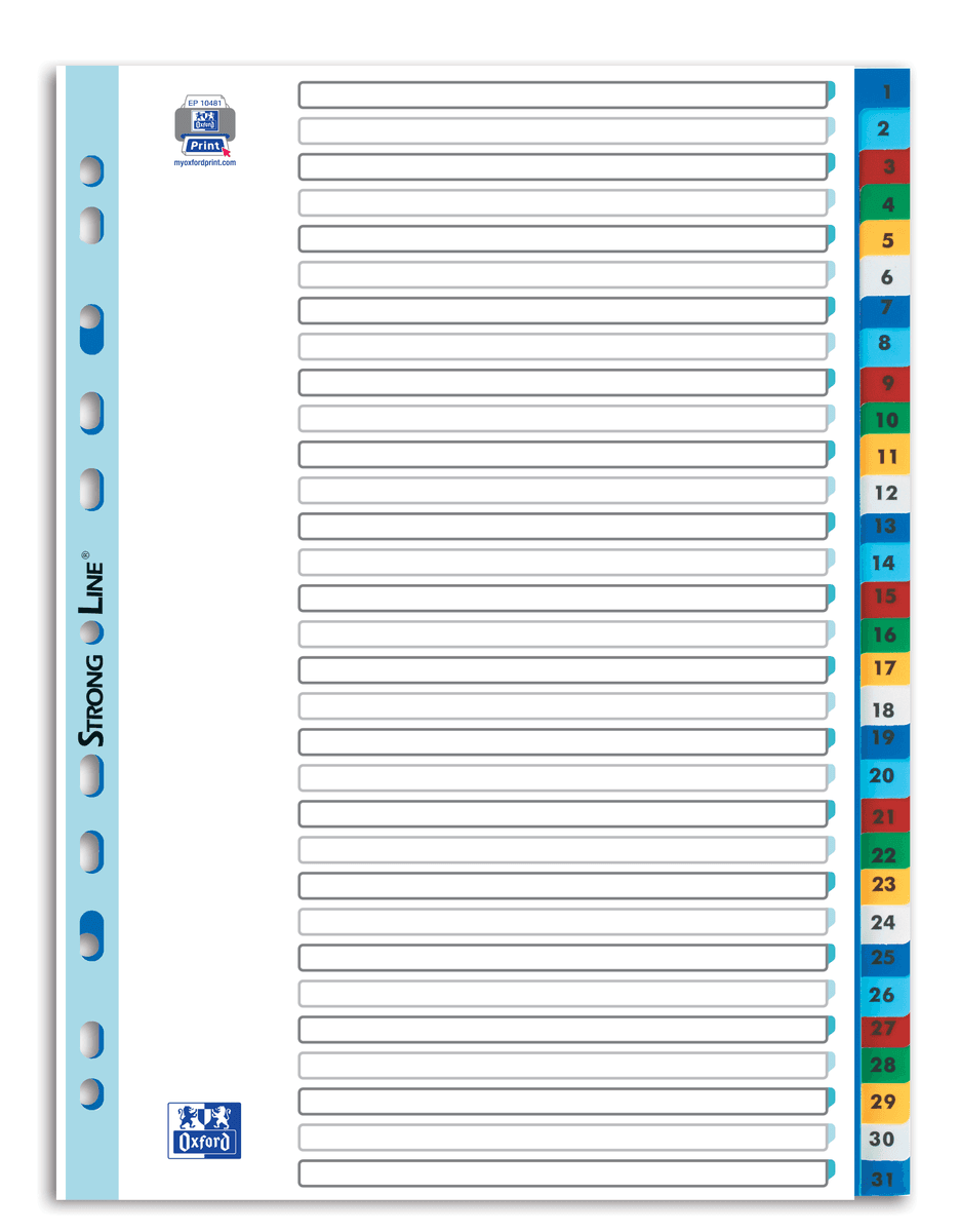 INDEX PLASTIC NUMERIC OXFORD A4 1-31 31F/SET CULORI ASORTATE