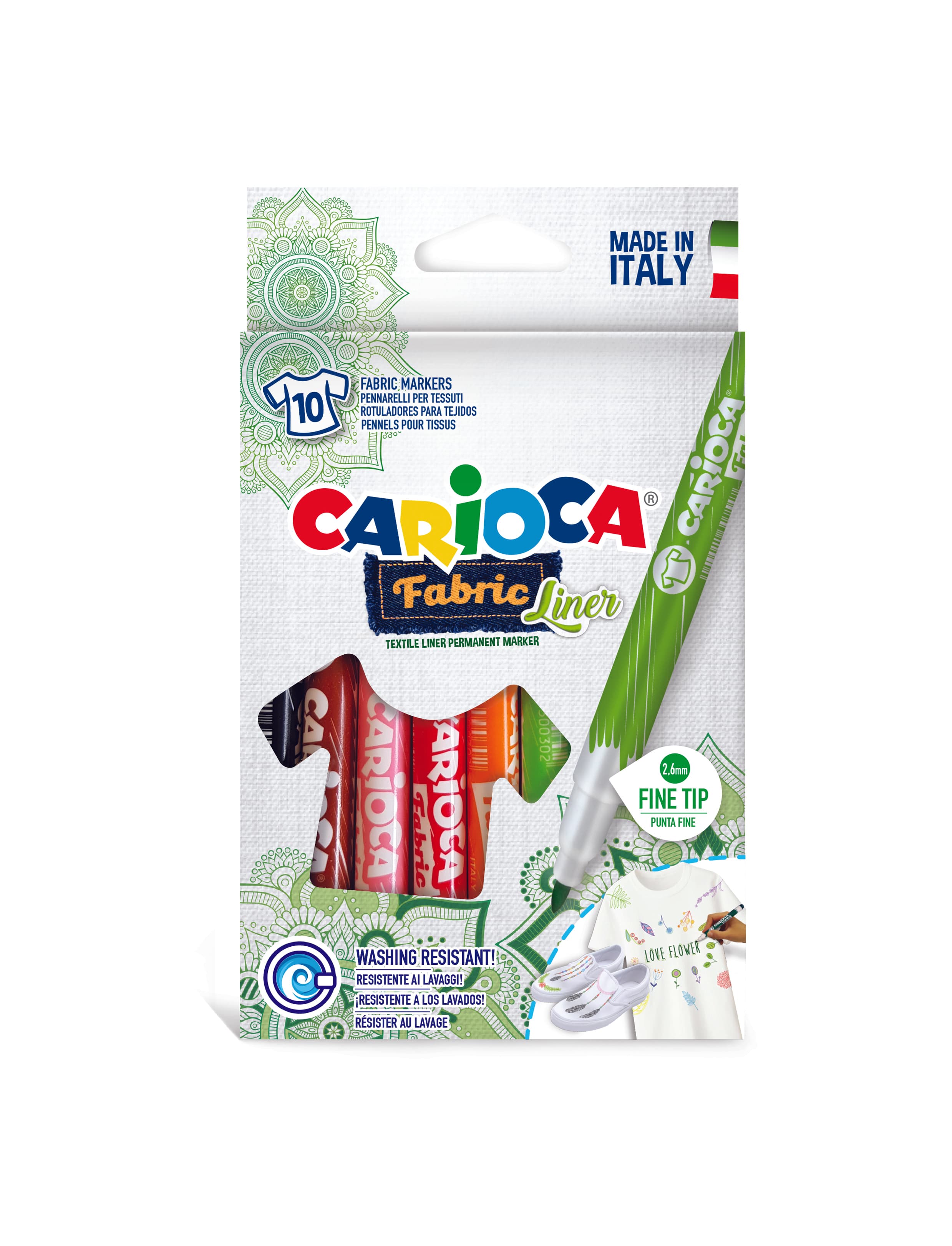 Carioca pentru textile, varf subtire-2.6mm, rezistent la spalare, 10 cul/cutie, CARIOCA Fabric Liner