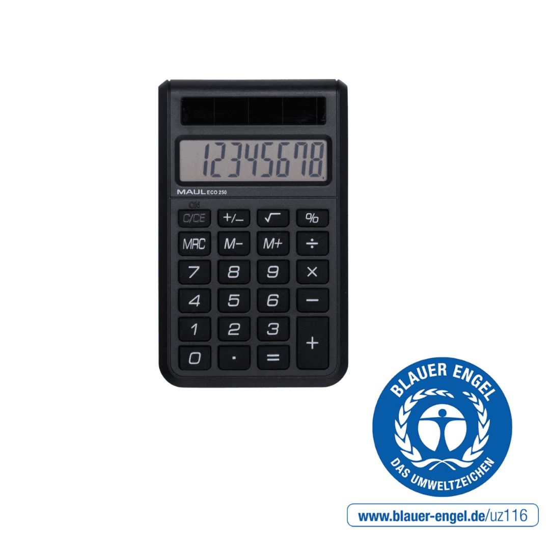Calculator de buzunar, 8 digits, MAUL ECO250, din plastic reciclat, incarcare solara - negru
