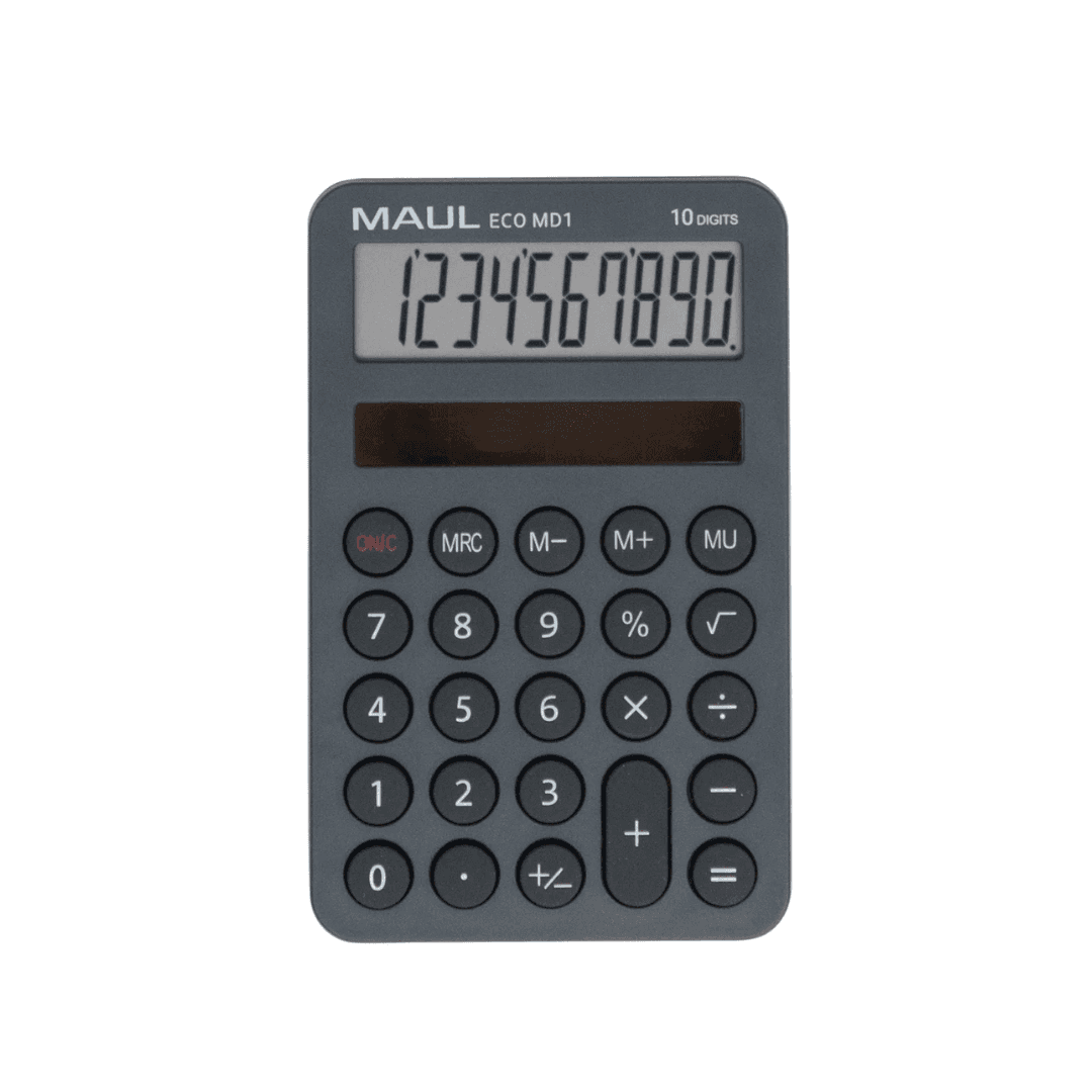 Calculator de buzunar, 10 digits, MAUL ECO MD1, din plastic reciclat, incarcare solara - gri