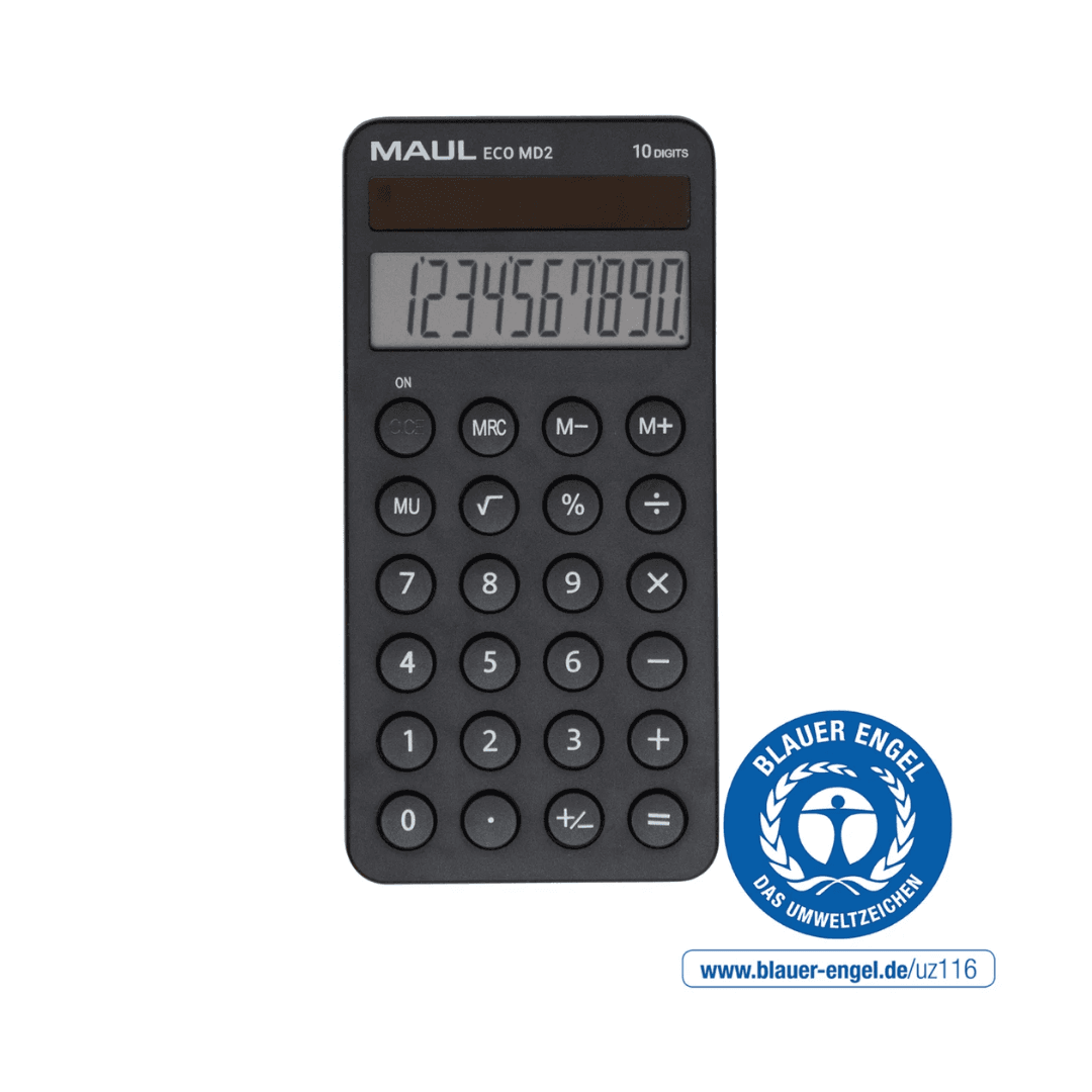 Calculator de buzunar, 10 digits, MAUL ECO MD2, din plastic reciclat, incarcare solara - negru