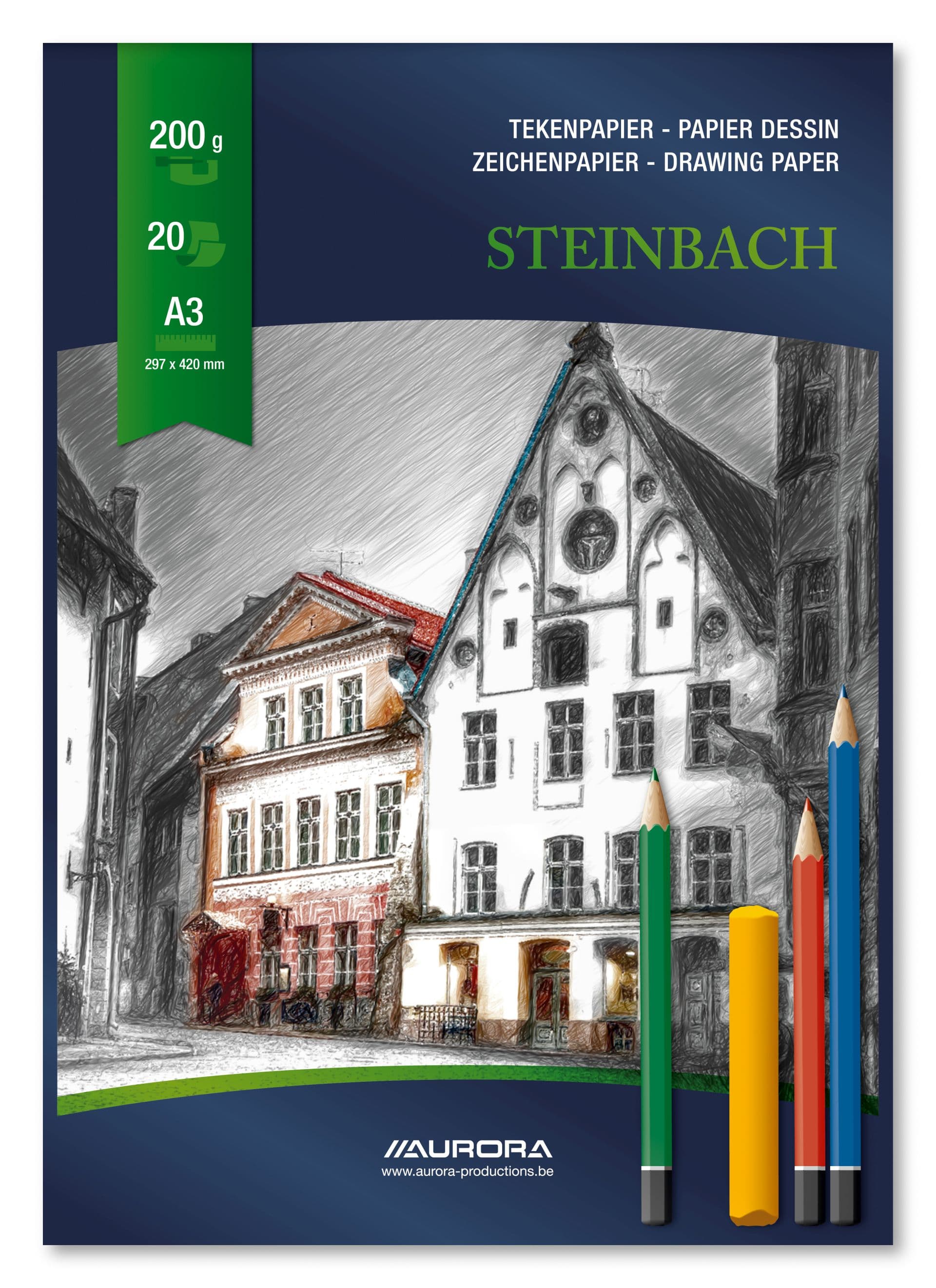 Bloc desen A3, 20 file - 200gsm, AURORA Steinbach - carton alb