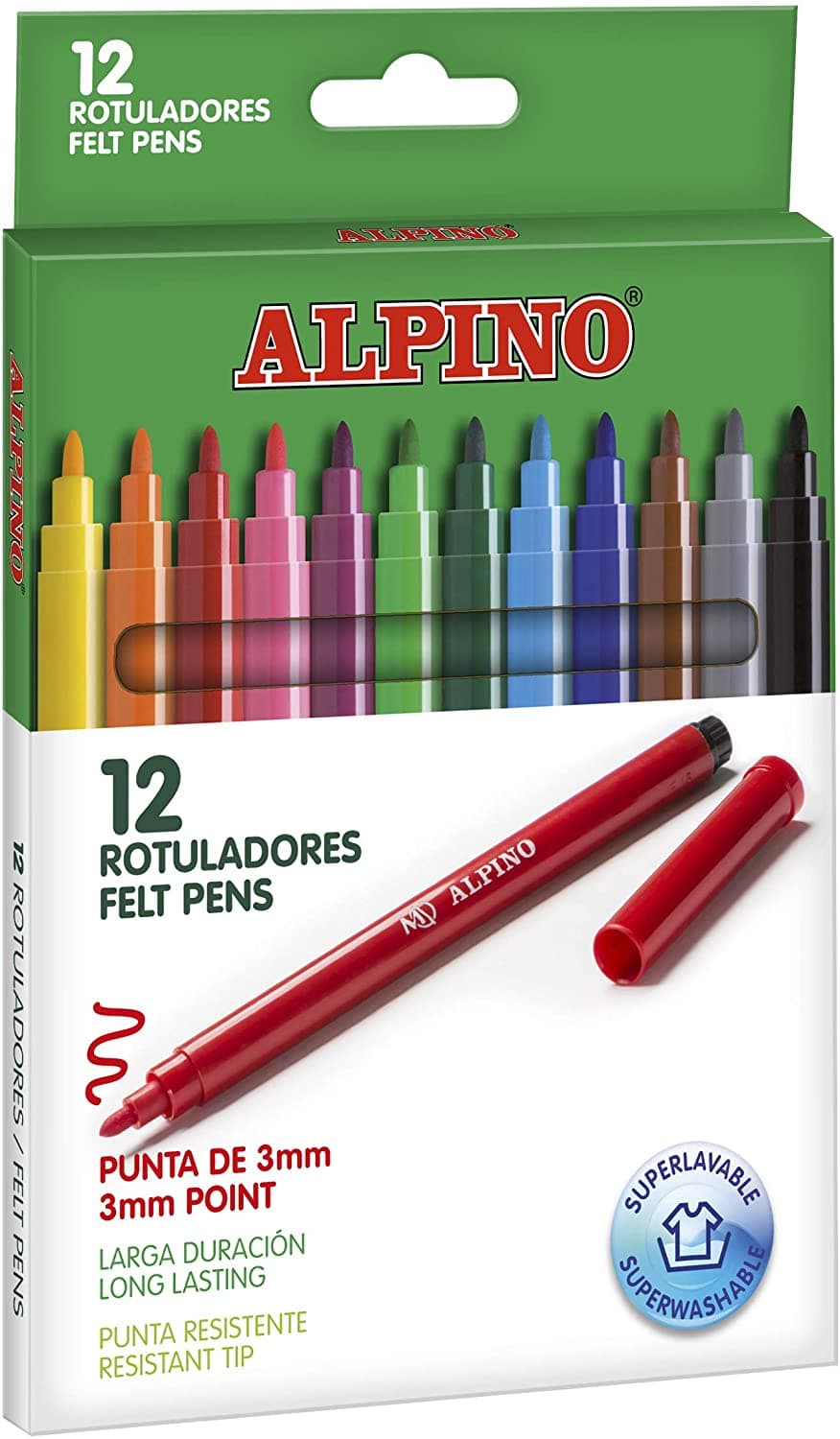 Carioca lavabila, 12 culori/cutie, ALPINO Standard - culori clasice