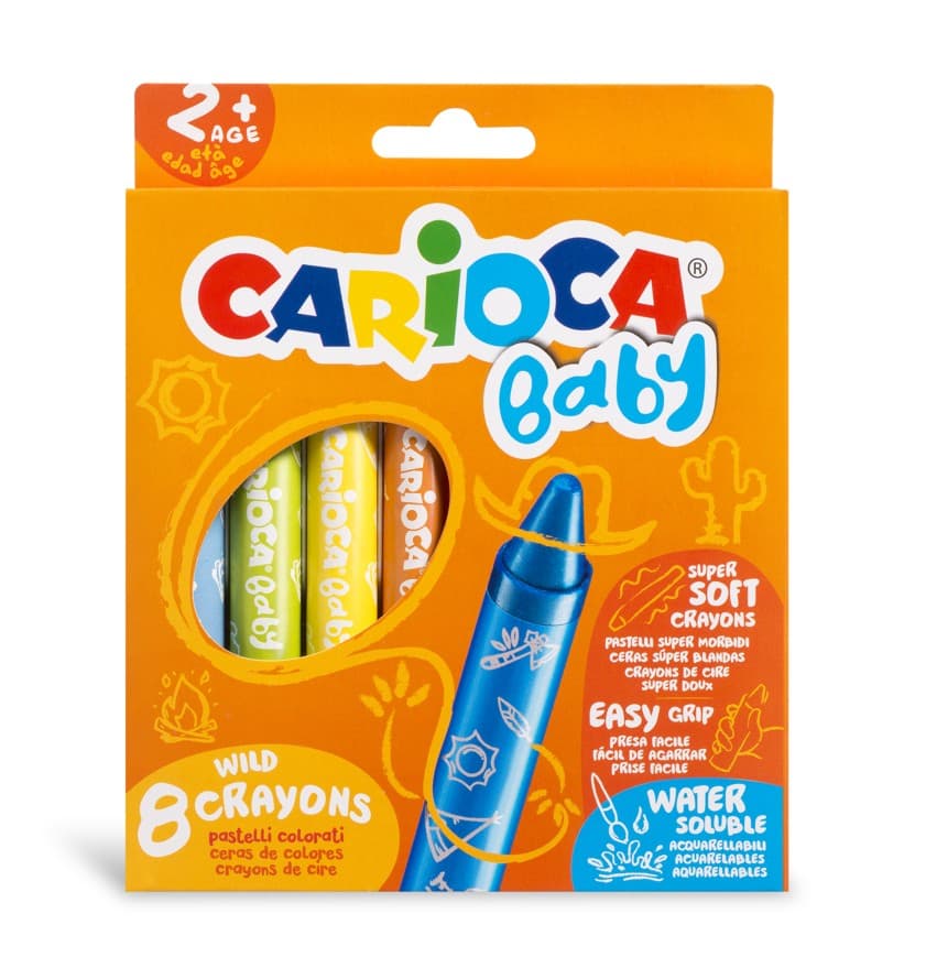 Creioane cerate, rotunde, solubile in apa, 8 culori/cutie, CARIOCA Baby Wild Crayons 2+