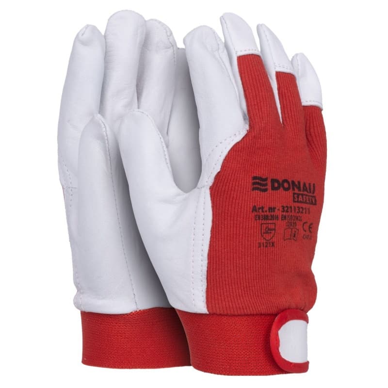Manusi protectie DONAU, din piele, grip, manseta elastica cu inchidere velcro- marimea 10 - alb/rosu