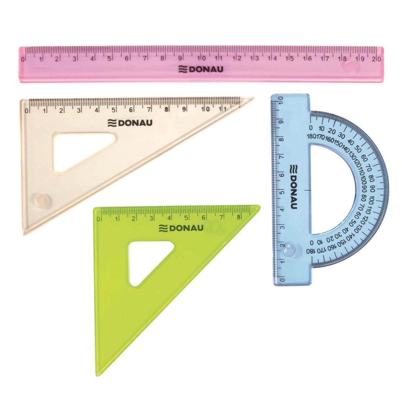 Set geometrie mic, contine: rigla 20cm, raportor, echer 10.5cm, echer 15cm, DONAU - culori asortate