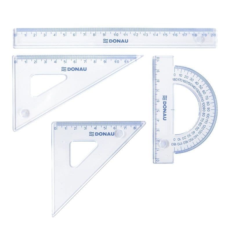 Set geometrie mare, contine: rigla 30cm, raportor, echer 13cm, echer 19cm, DONAU - transparent