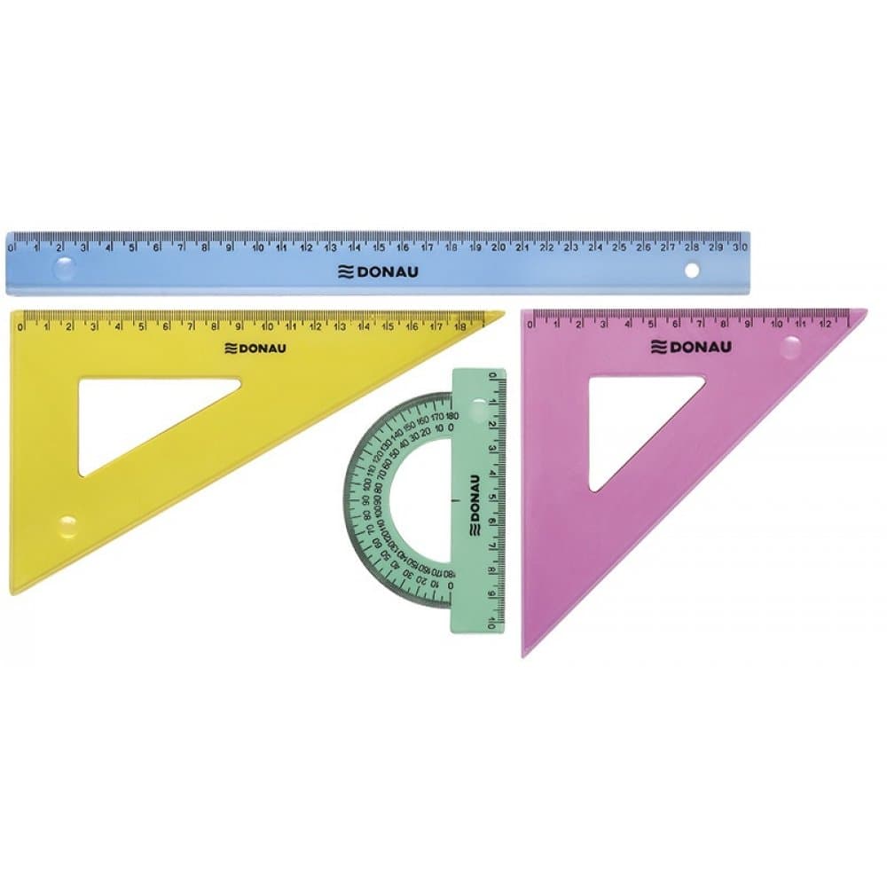 Set geometrie mare, contine: rigla 30cm, raportor, echer 13cm, echer 19cm, DONAU - culori asortate