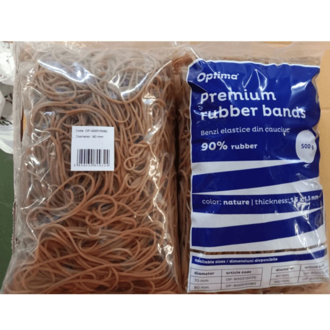 Elastice pentru bani, 90% cauciuc, 500gr/punga, D 80, grosime 1.5mm x 1.5mm, Optima - natural