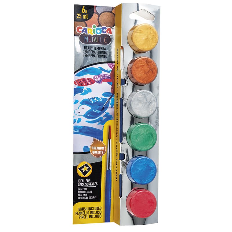 Tempera super lavabila, 6 culori x 25 ml/set, contine pensula, CARIOCA - metalic