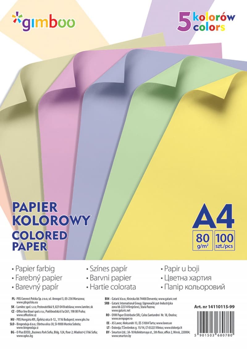 Hartie color, 80gsm, 100(5x20) coli/top, GIMBOO - culori pastel asortate