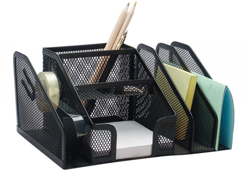 Organizer metalic Mesh, de birou, 6 compartimente + suport banda adeziva, Q-Connect - negru