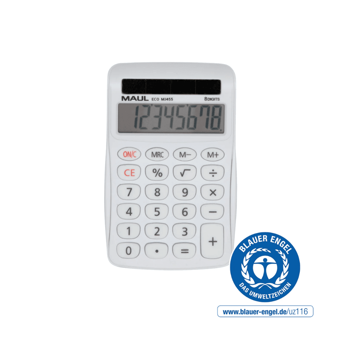 Calculator de birou, 8 digits, MAUL ECO MJ455, din plastic reciclat, incarcare solara - alb