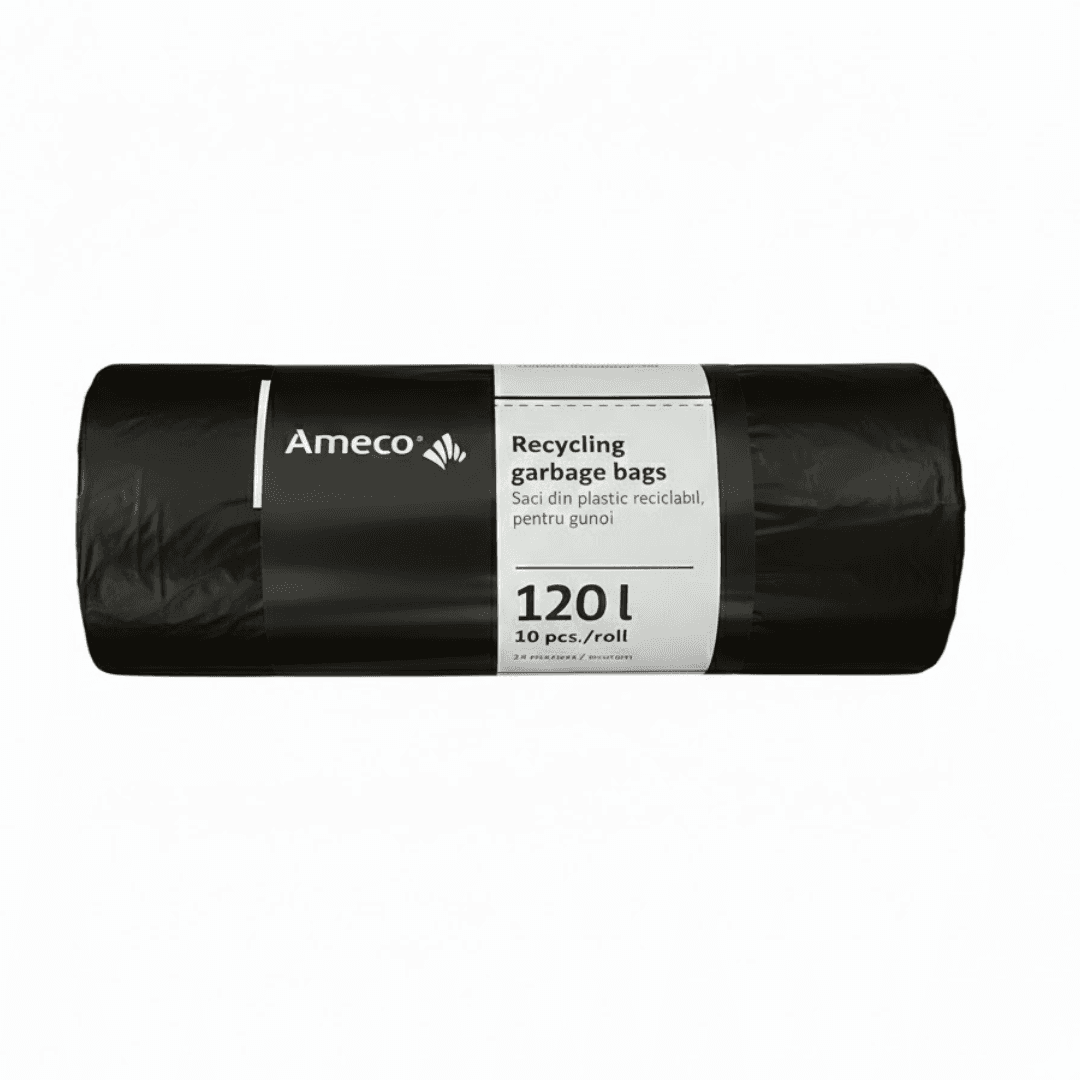 Saci plastic reciclabil, standard, 120L, 70x110cm, 24 microni, 10buc/rola, Ameco - negri