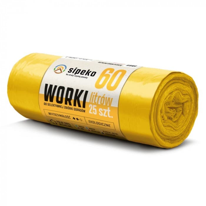 Saci menajeri rezistenti LDPE, 60L, 60 x 72cm, 20 microni, 25buc/rola, Sipeko - galbeni