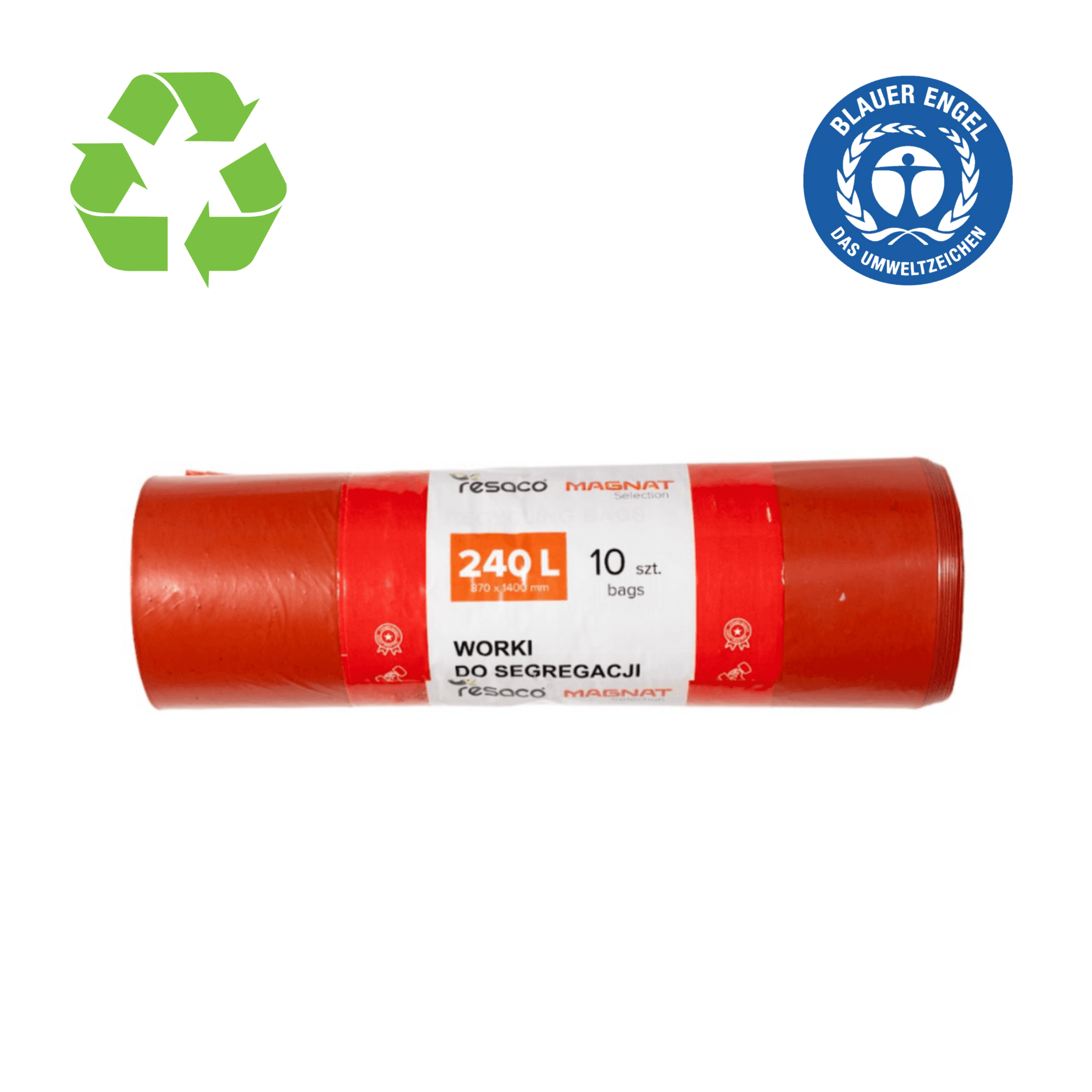 Saci plastic reciclat, standard, 240L, 87x140cm, 27 microni, 10buc/rola, RESACO - rosii