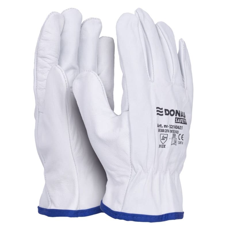 Manusi protectie DONAU, din piele, grip, aratator intarit - marimea 9 - alb cu albastru