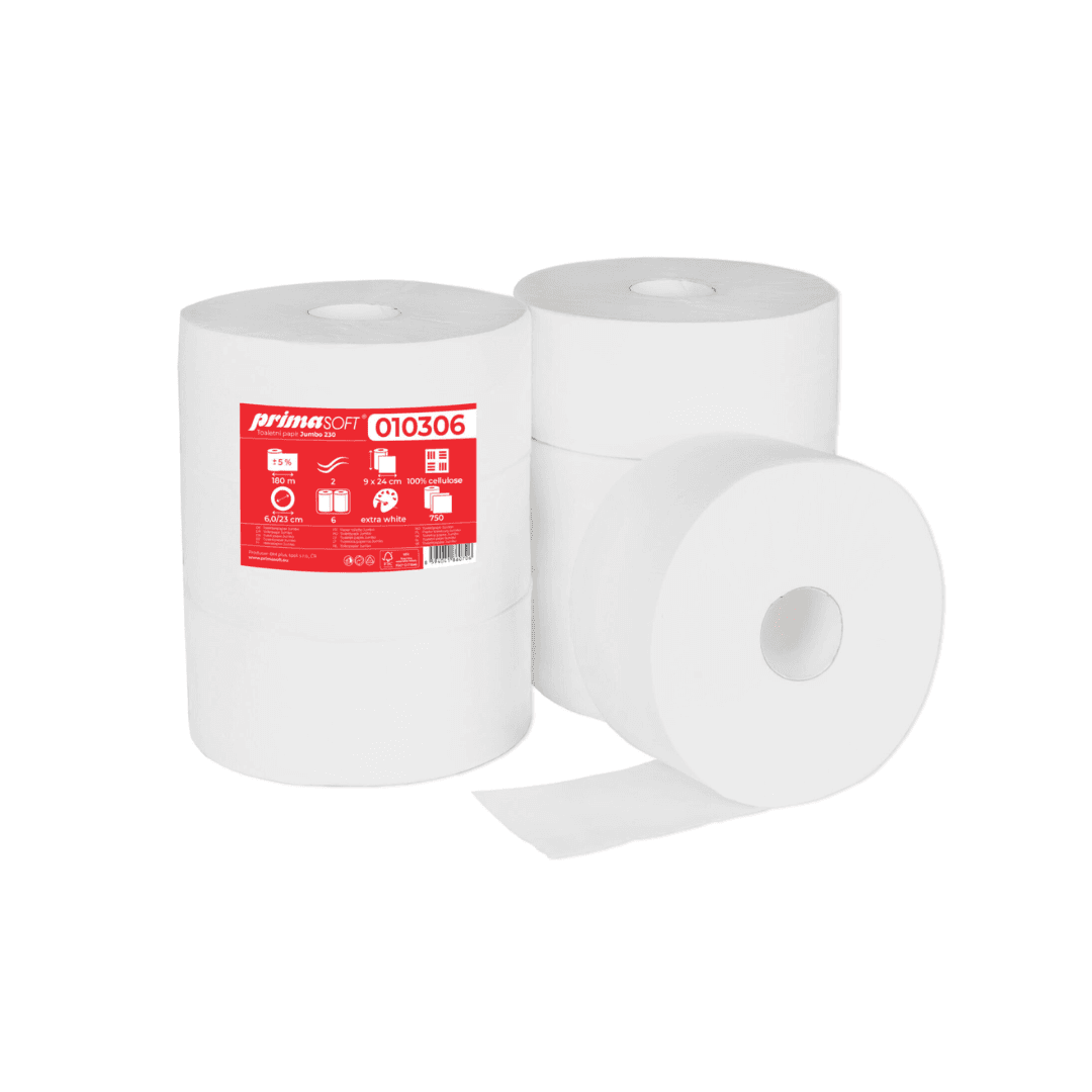 Hartie igienica alba, 100% celuloza, 2 straturi, 180m, 6 role/bax, Prima Soft Jumbo 230
