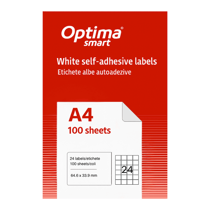 Etichete albe autoadezive 24/A4, 64.6 x 33.9 mm, 100 coli/top, Optima Smart