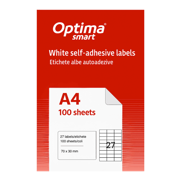 Etichete albe autoadezive 27/A4, 70 x 30 mm, 100 coli/top, Optima Smart
