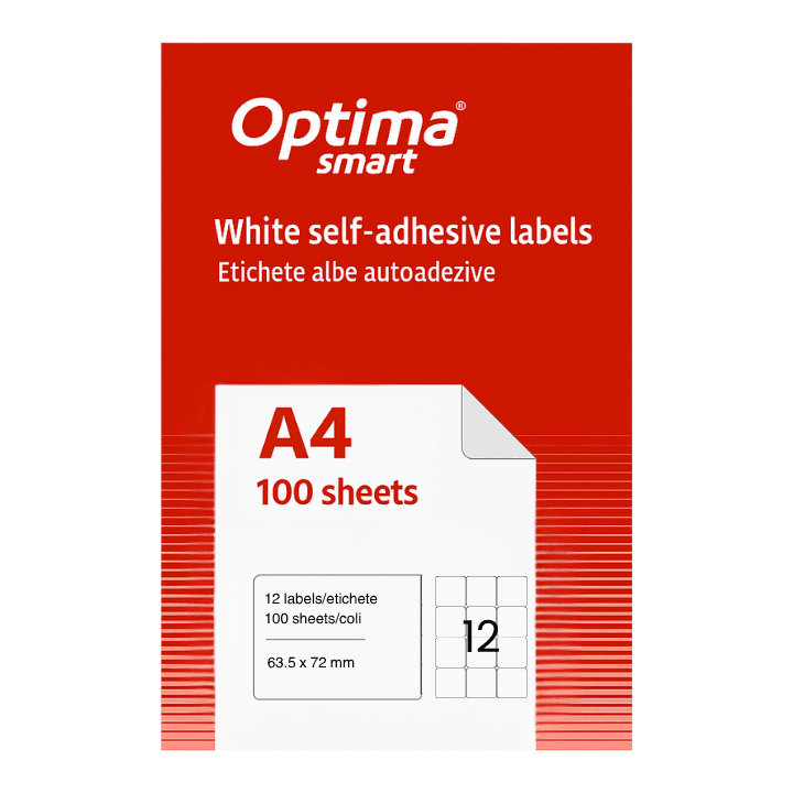 Etichete albe autoadezive 12/A4, 63.5 x 72 mm, 100 coli/top, Optima Smart - colturi rotunjite