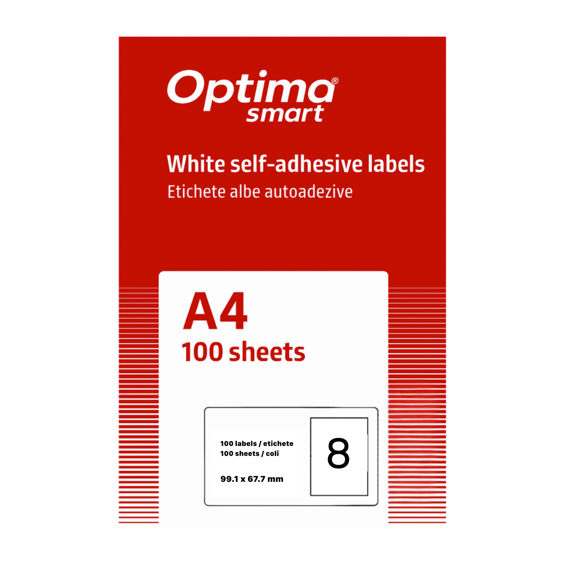 Etichete albe autoadezive 8/A4, 99.1 x 67.7 mm, 100 coli/top, Optima Smart - colturi rotunjite