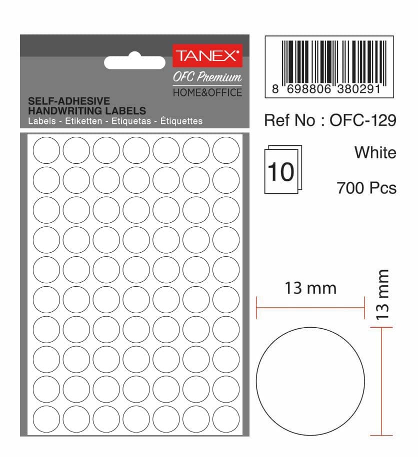 Etichete autoadezive rotunde, D13 mm, 700 buc/set, TANEX, alb