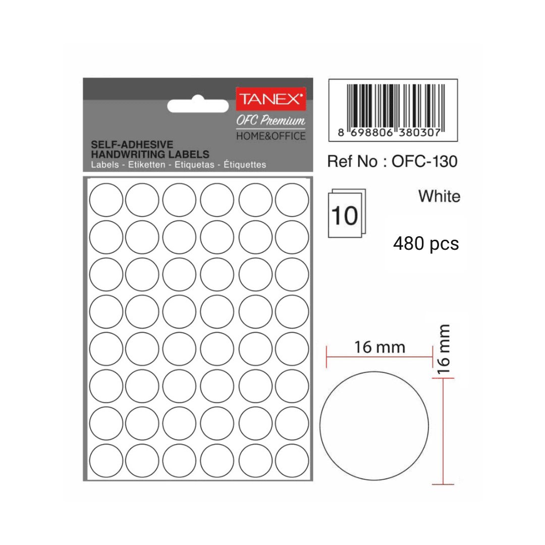 Etichete autoadezive rotunde, D16 mm, 480 buc/set, TANEX, alb