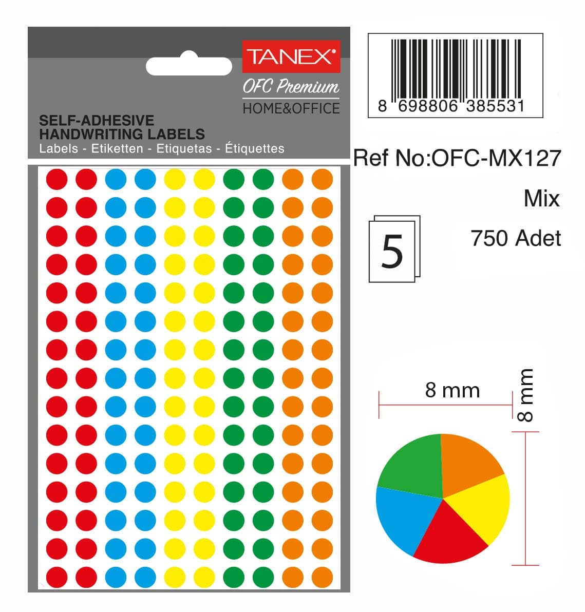 Etichete autoadezive rotunde, D 8 mm, 750 buc/set, TANEX, culori fluorescente asortate