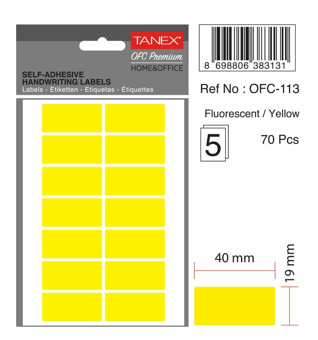 Etichete autoadezive, 19 x 40 mm, 70 buc/set, TANEX, galben fluorescent