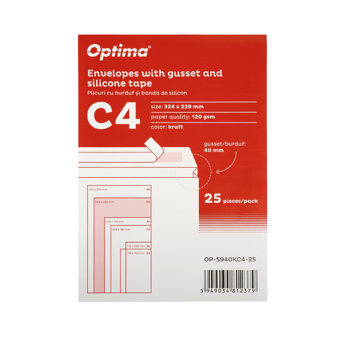 Plic C4 (324x229mm), cu burduf 40mm, lipire siliconica, 25 buc/set, Optima - kraft