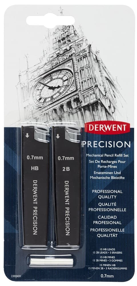 Rezerva mine si radiere DERWENT Professional, pentru creion mecanic, HB/2B 0.7 mm, 30 buc/set, negru