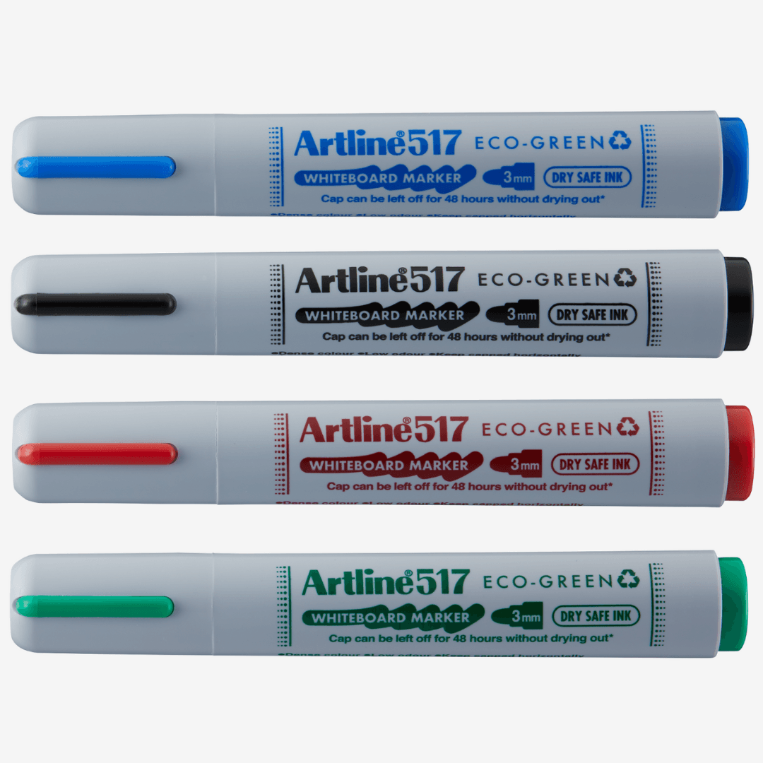 Marker pentru tabla de scris ARTLINE 517 Eco Green - Dry safe ink 48h, varf rotund 3.0mm, 4 cul/set