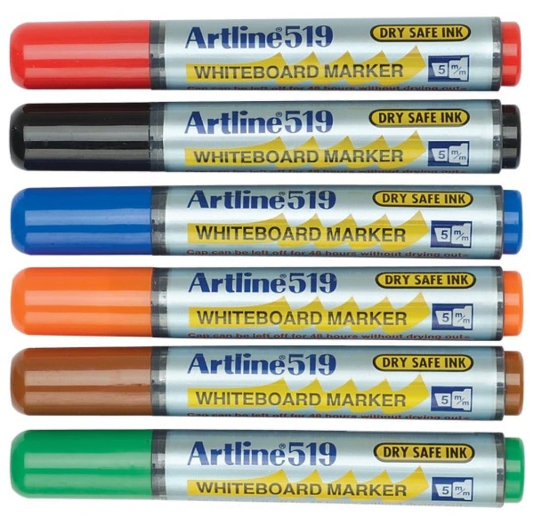 Marker pentru tabla de scris ARTLINE 519 - Dry safe ink 48h, varf tesit 2.0-5.0mm, 6 culori/set
