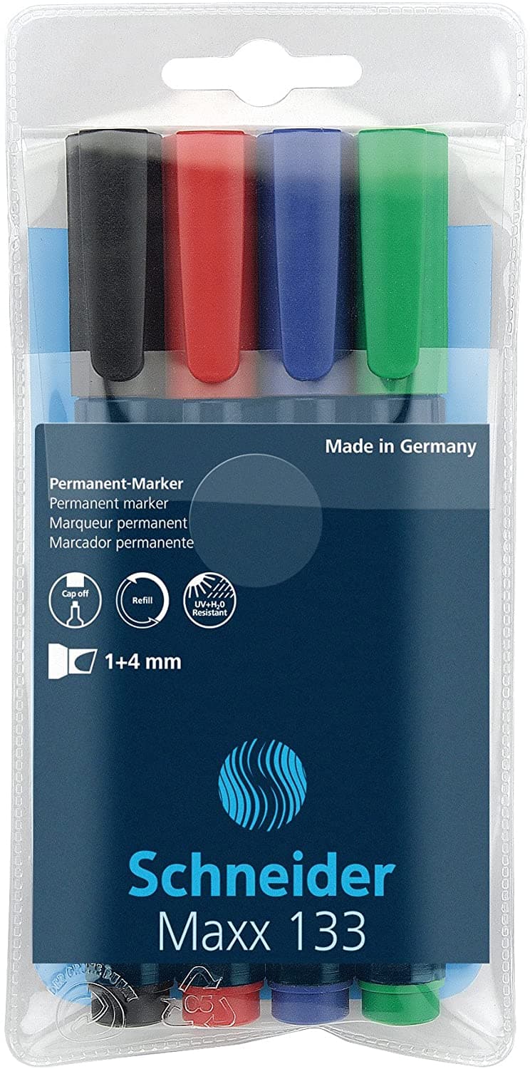 Permanent marker SCHNEIDER Maxx 133, varf tesit 1+4mm, 4 culori/set - (N, R, A, V)