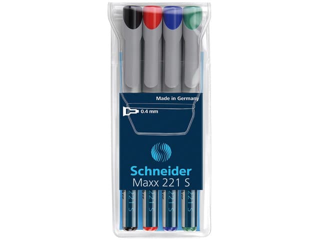 Universal non-permanent marker SCHNEIDER Maxx 221 S, varf 0.4mm, 4 culori/set - (N, R, A, V)