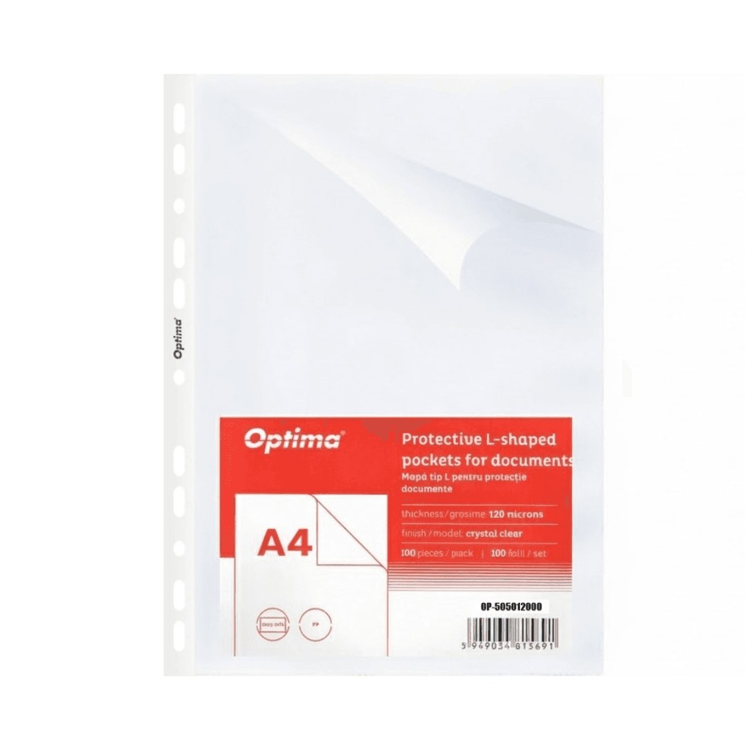 Folie protectie "L" pentru documente A4, 120 microni, 100 folii/set, Optima - cristal