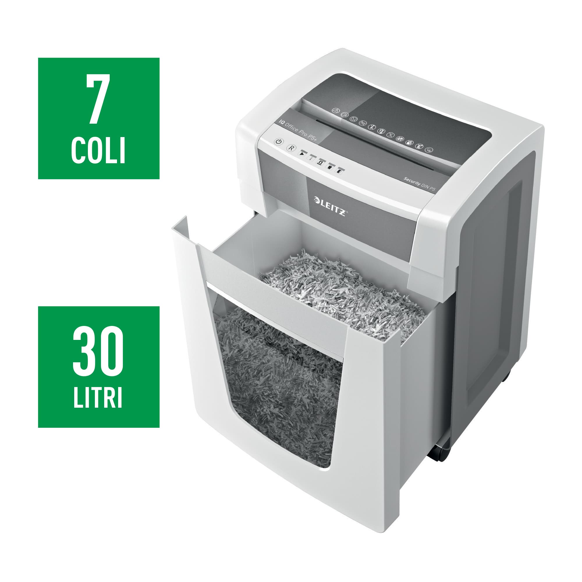 Distrugator documente manual LEITZ IQ Office Pro, P5+, micro-cut (particule), 7coli, cos 30l, alb