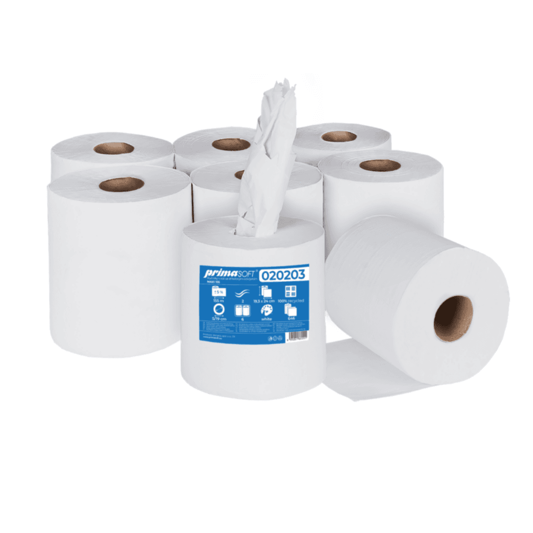 Prosop rola hartie alba, reciclata, derulare centrala, 155m-2 straturi, 6 role/bax, Prima Soft Maxi