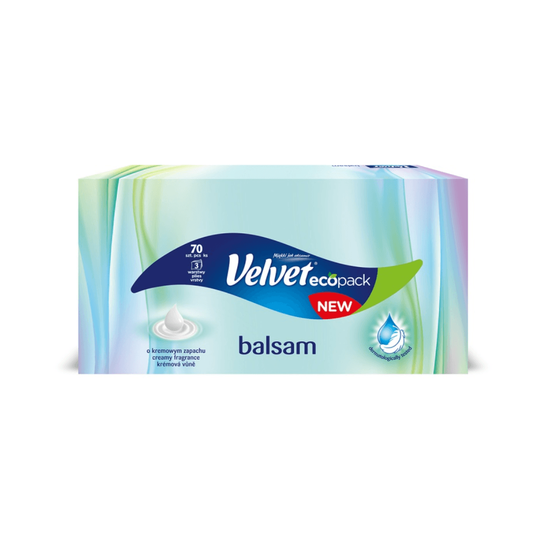 Servetele cosmetice albe, 3 straturi, 70 buc/cutie, VELVET Balm - cu miros de crema