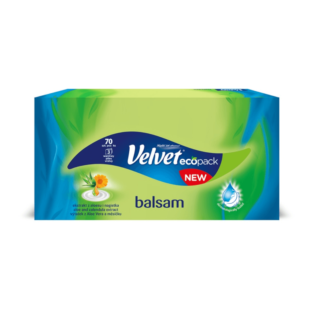 Servetele cosmetice albe, 3 straturi, 70 buc/cutie, VELVET Balm - extract de aloe vera si calendula